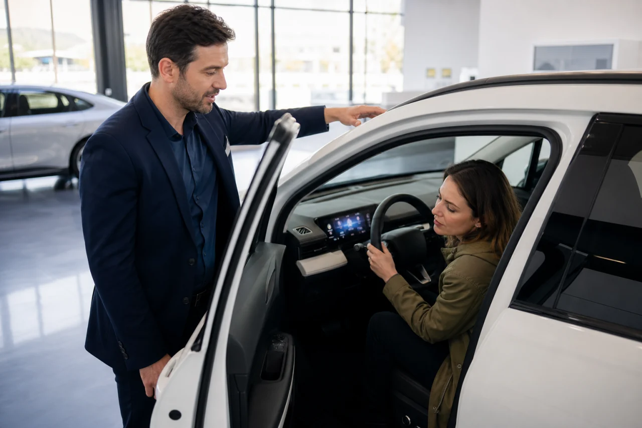 Im Showroom: ein Verkäufer erklärt einer Kundin ein Fahrzeug.
