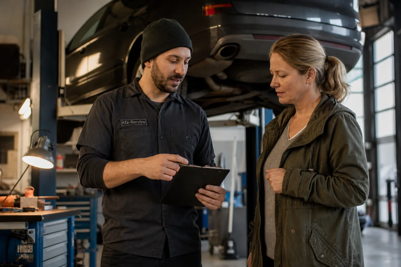 In der Werkstatt: ein Serviceberater bespricht ein Anliegen mit einer Kundin.